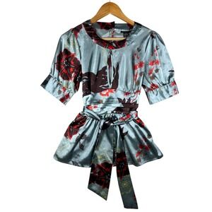 BCBGMAXAZRIA Blouse Kimono Short Sleeve Tie‎ Waist Floral Blue Red RETRO Small